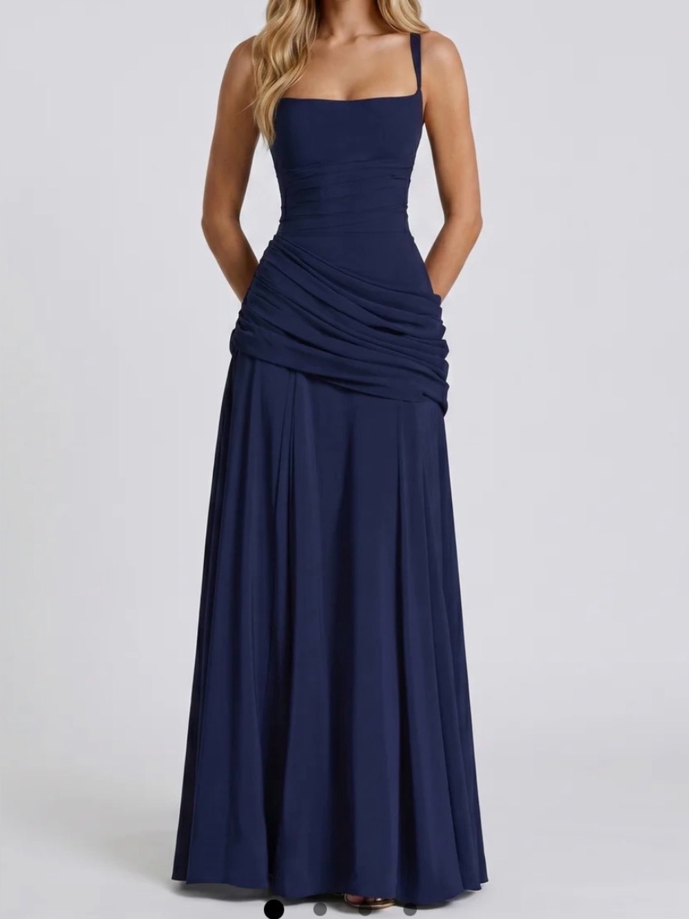 Elegant Navy Blue Ruched Evening Gown - Women's Dress